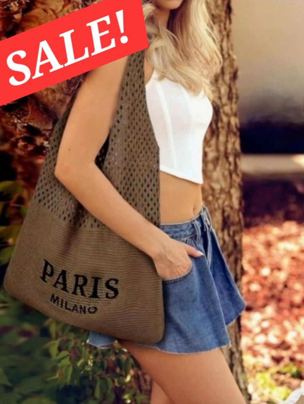 🔴45 Sale!! Stylish Brown knit Tote bag Embroidered foldable bag